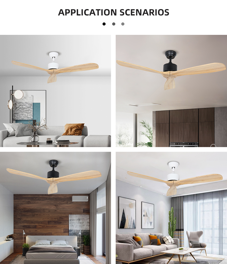 3 Blades 65w Iron Solid Wood Ceiling Fan Light 52Inch Led Indoor Ceiling Fan