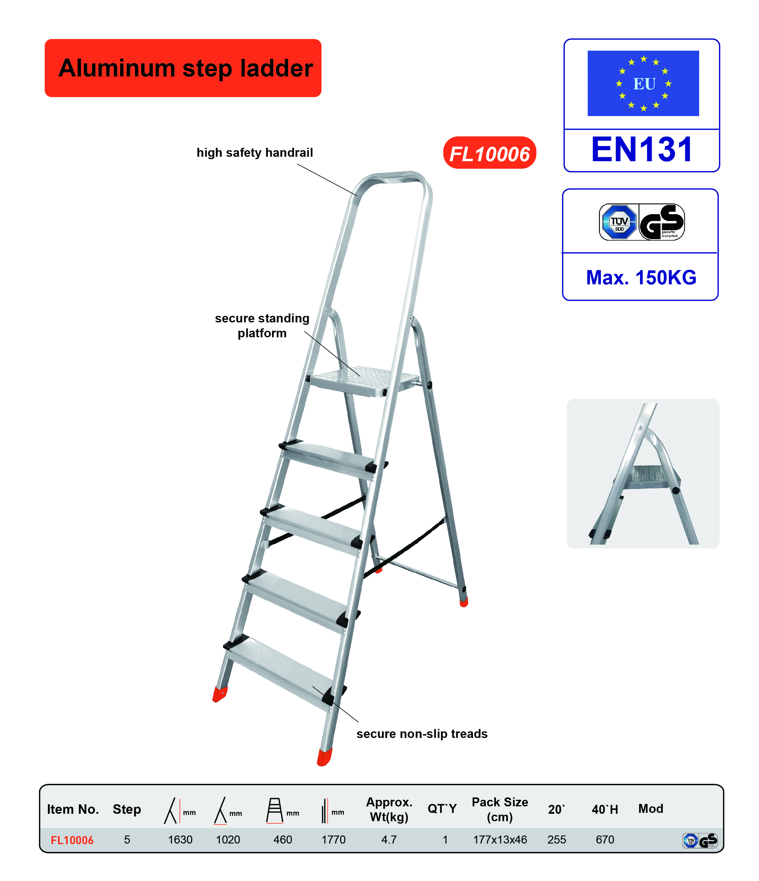 Household Aluminum Extension Ladder 5 Steps 177x47x12cm Folding Size