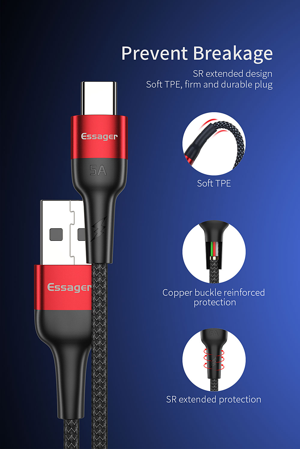 Essager 5A Type C Fast Cable 1M 2M Fast Charging USB 2.0 Data Transfer Type C Cable