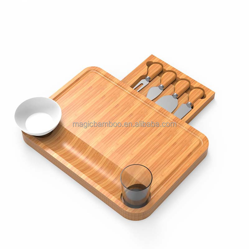 Rectangular Bamboo Cheese Board with Pull-Out Complete Set of Cheese Knives and Design