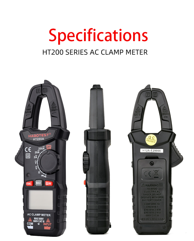 HT200A Digital Clamp Meters , 2000 Counts Multimeter Clamp Tester