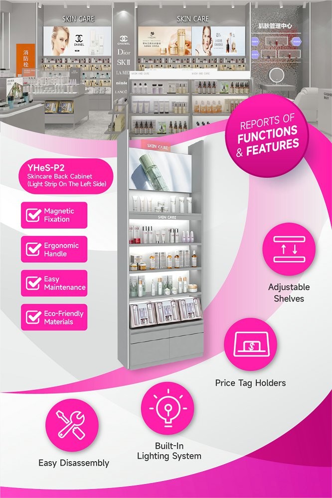 YHeS-P2 Price Tag Holder Skincare Display Cabinet with Milk White LED Tube