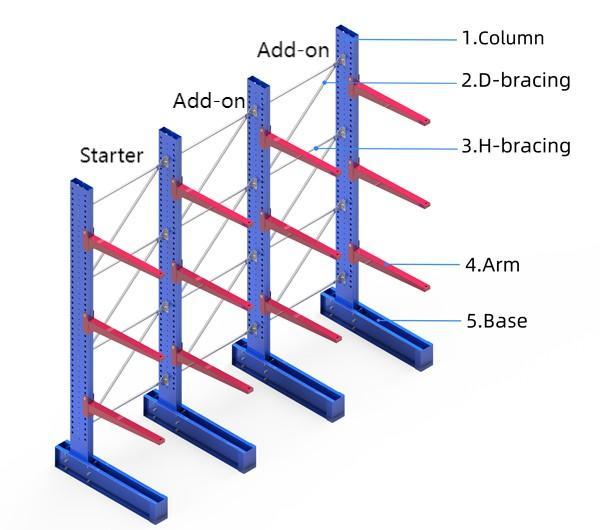2-6 Levels Warehouse Storage Single Sided Cantilever Rack For Long And Bulky Items
