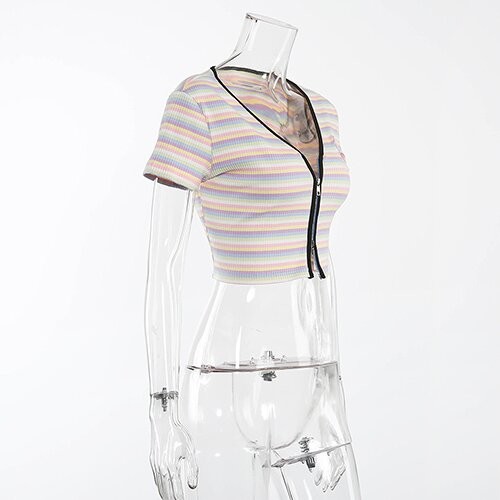 OEM maufactory Keliou Foreign Trade polyester cross -border European and American sexy short zipper rainbow t -shirt
