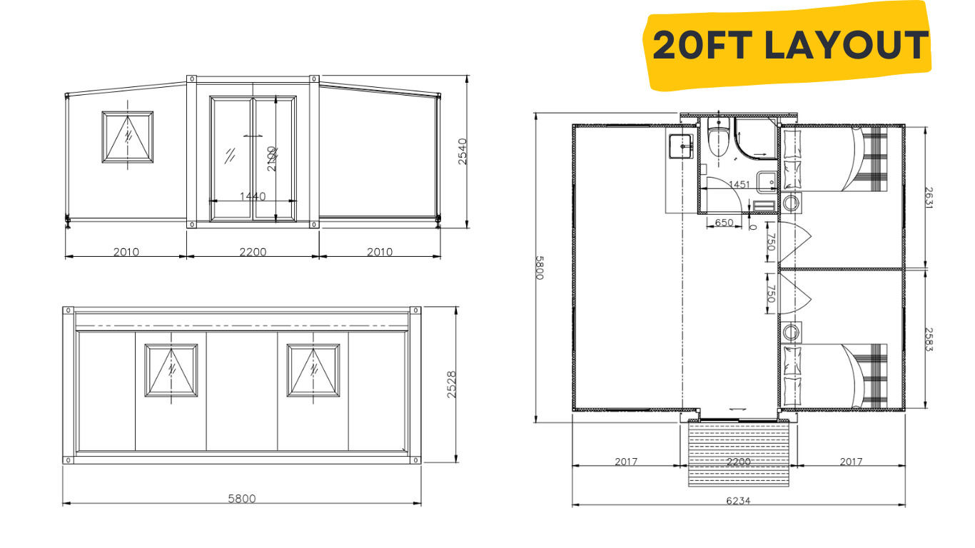 Flat 40ft Expandable Container Homes , 2 Bedroom Prefab Folding Container House