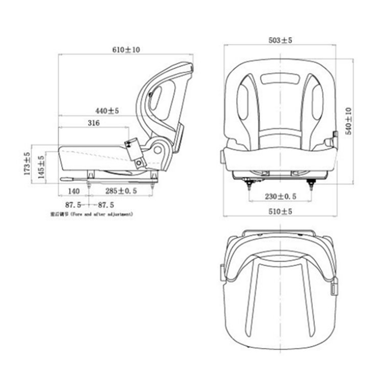 Forklift Spare Parts PVC Leather black color forklift seat with adjustment of 150 mm