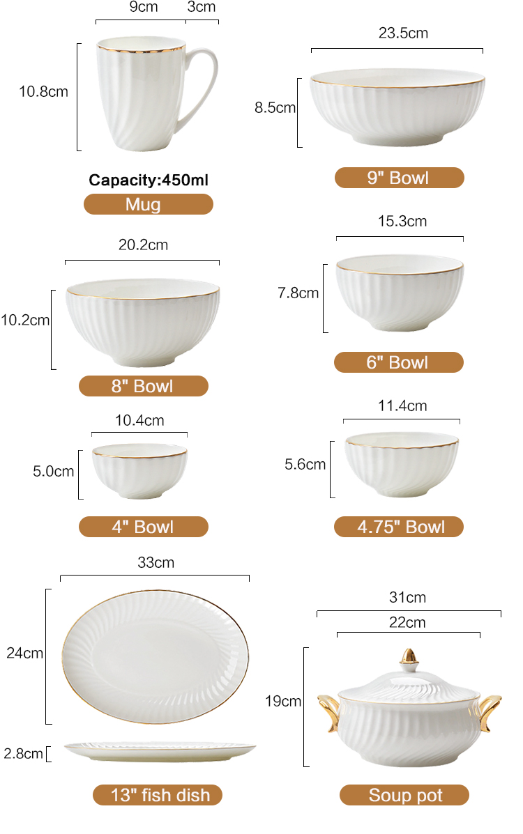 Gold line White Bone china embossed tableware Wedding Ceramic charger plate Dinner plate dish bowl mug coffee cup freely
