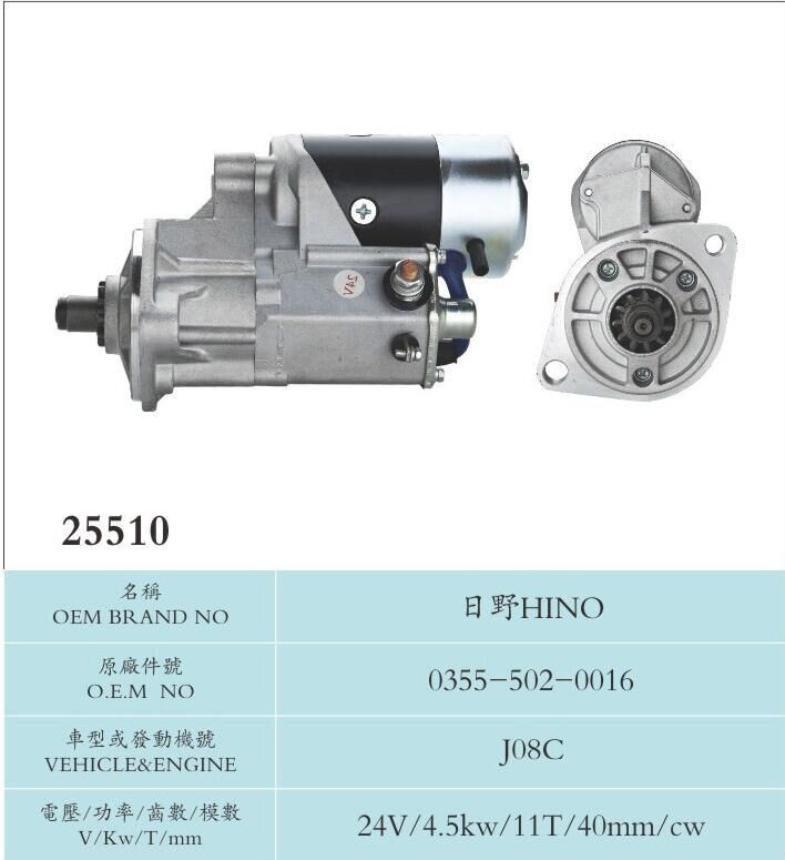 Sliding Armature Nippondenso Starter Motor Assembly HINO 0355-502-0016 J08C