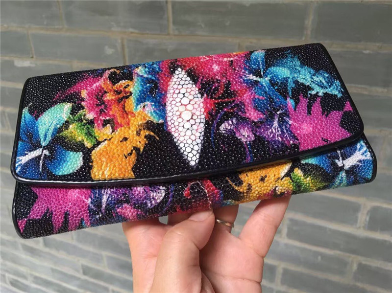 Authentic Stingray Skin Closure Female Large Flower Purse Wallet Genuine Leather Lady Phone Clutch Women Card Holder