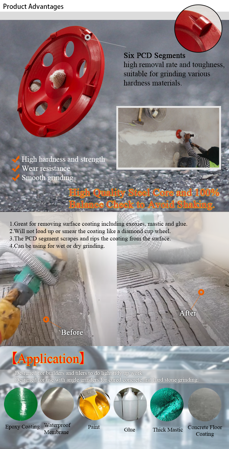 PCD Grinding Cup Wheel For Remove Epoxy Glue Mastic Paint And Concrete Floor Surface Coating
