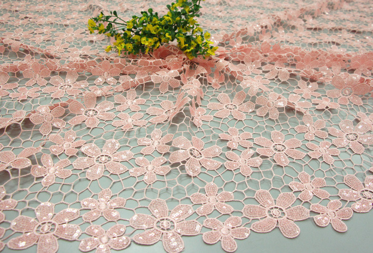 Chemical lace with Red/Pink /Orange Color + Embroidery 3 mm Sequin Lace Fabric