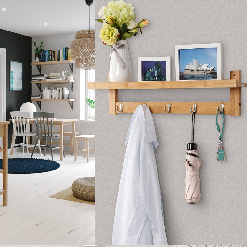 5 Hook Wall-Mounted Bamboo Coat Hook with Upper Storage Shelf Natural and Eco-Friendly