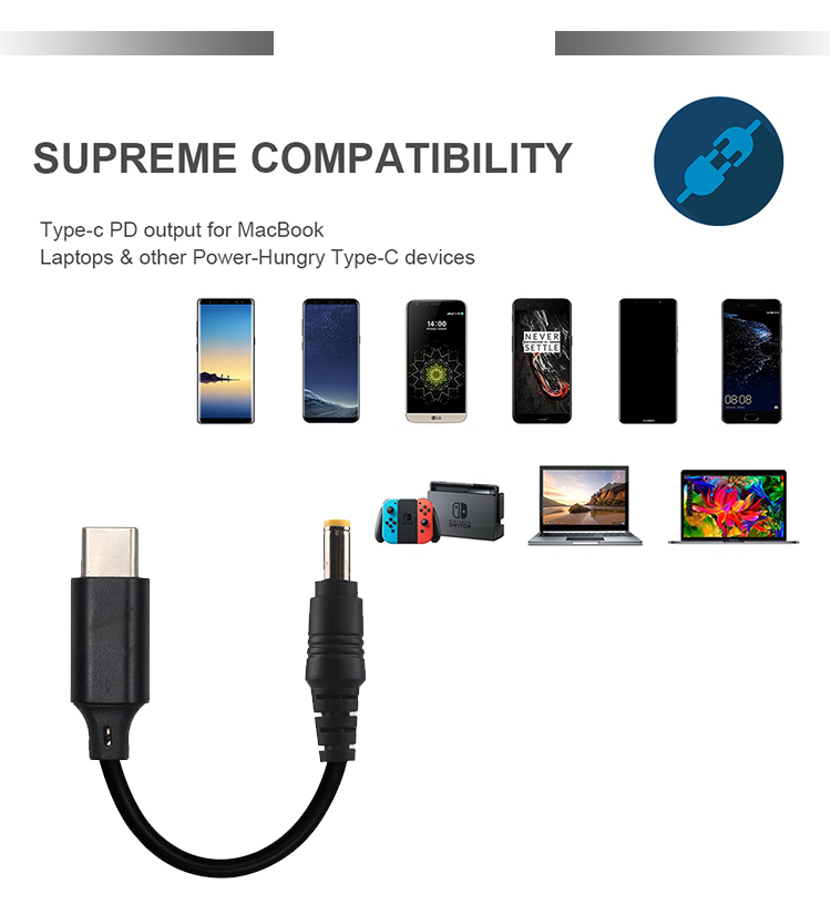 20V 15V 9V 5V PD Charging Cable USB Type C 3.1 Male To DC Male 5521 5525mm Connector