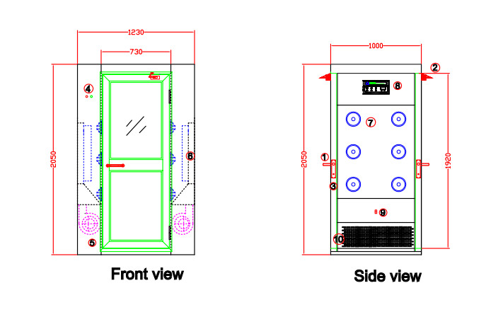 Automatic Blowing Cleanroom Air Shower With W730mm Aluminum Swing Door , 1230mm Width