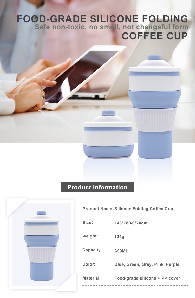 Sustainable 300ml BPA Free Silicone Coffee Cup Collapsible