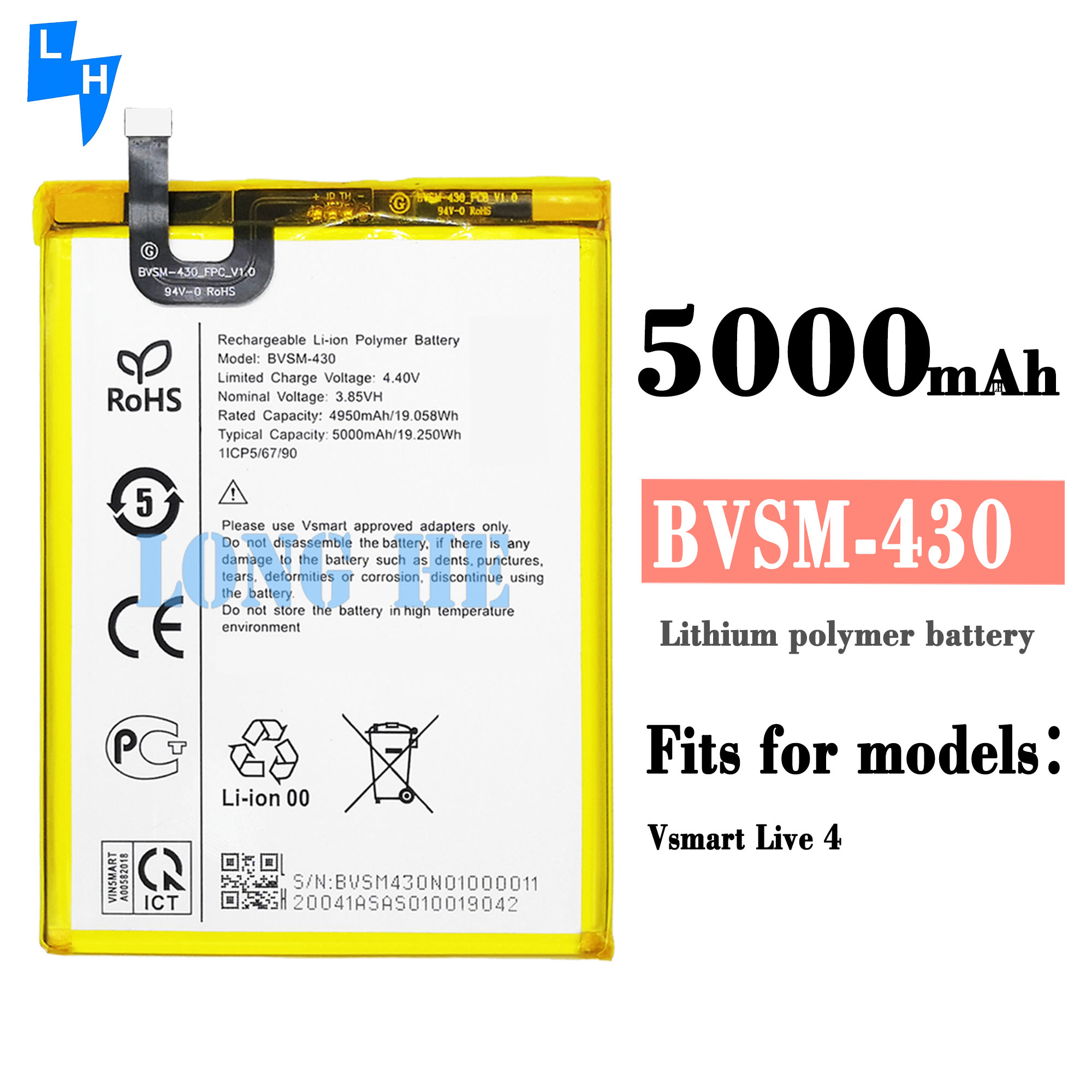 5000mAh BVSM-430 Mobile Phone Battery High Capacity for Vsmart Live 4 Lithium