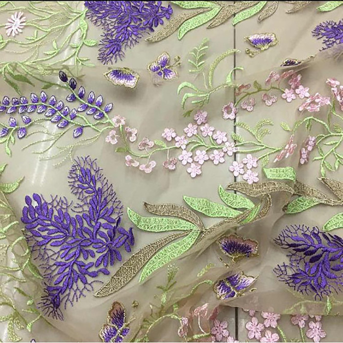 Soft Embroidered Tulle Coloured Lace Fabric , Women Dresses Lace Clothing Fabric