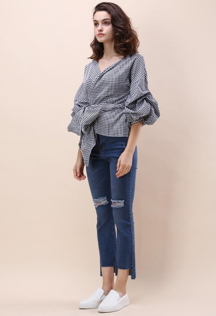 Fall Clothing Blouse Ladies Gingham Tops Women Wrap Top