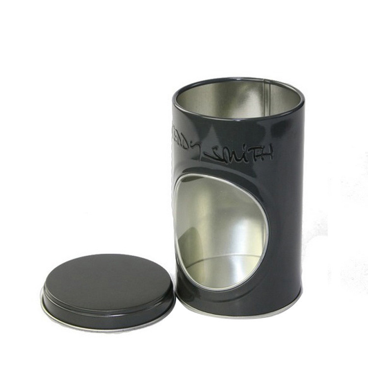 Embossed Black Tins Round Tin Box with Clear Window on Body Decorative Tin Container
