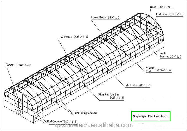 Film Cover 50x8m Single Span Type Agricultural Tunnel Greenhouse with 3.5-5M Height