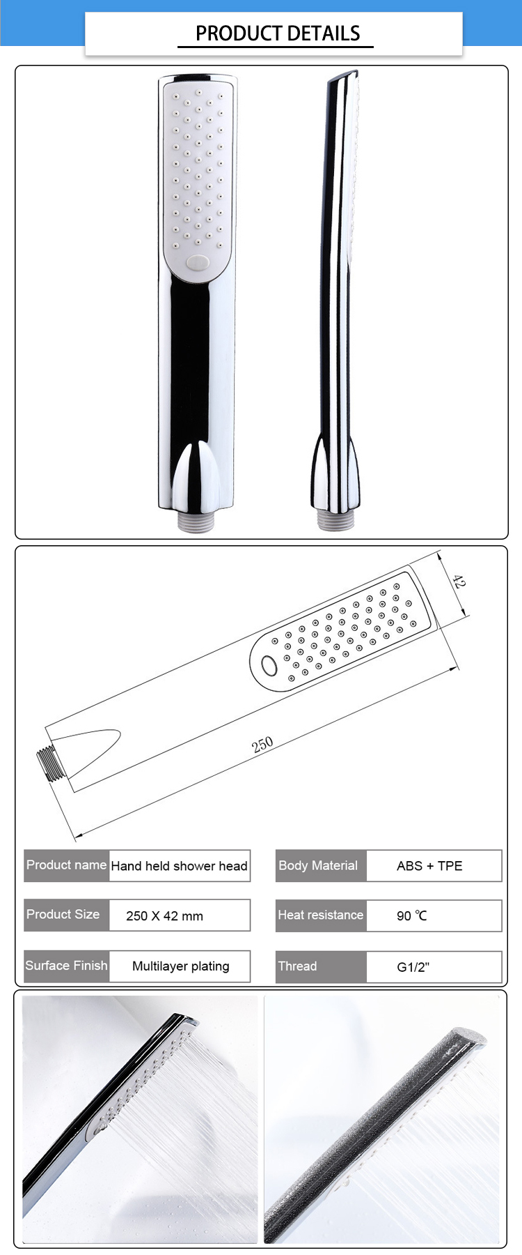 250mm*42mm ABS Chrome Handheld Shower Head