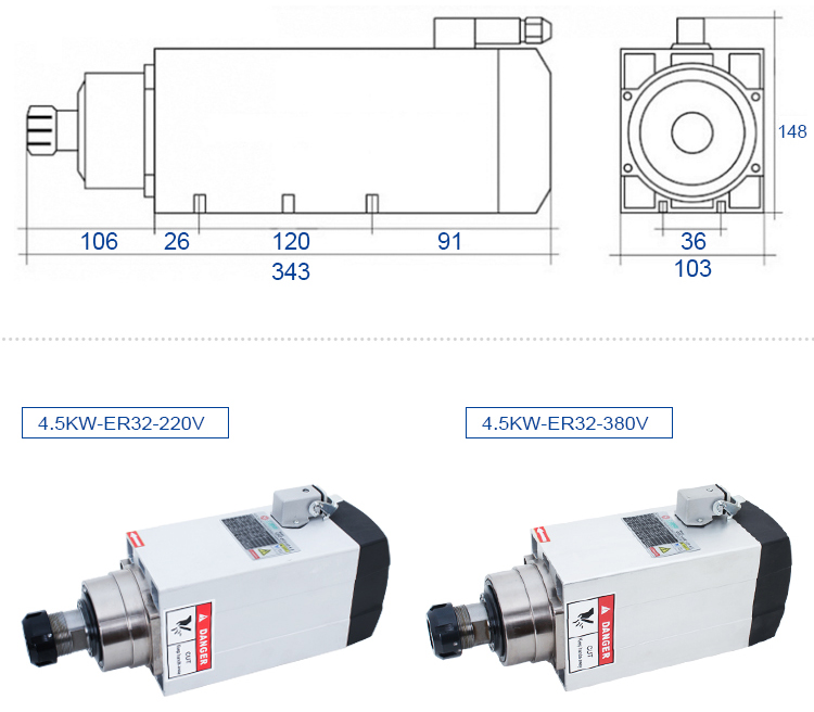 GDZ120*103-4.5kw CNC Spindle 4.5kw Air Cooled Spindle ER32 300HZ with Low Maintenance