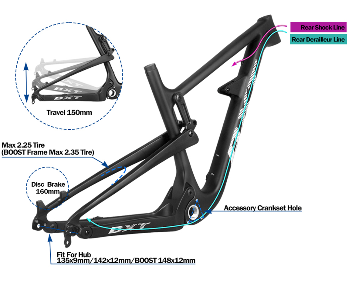 BXT AM Full Shockingproof All Mountain Bike Frame Carbon Fiber