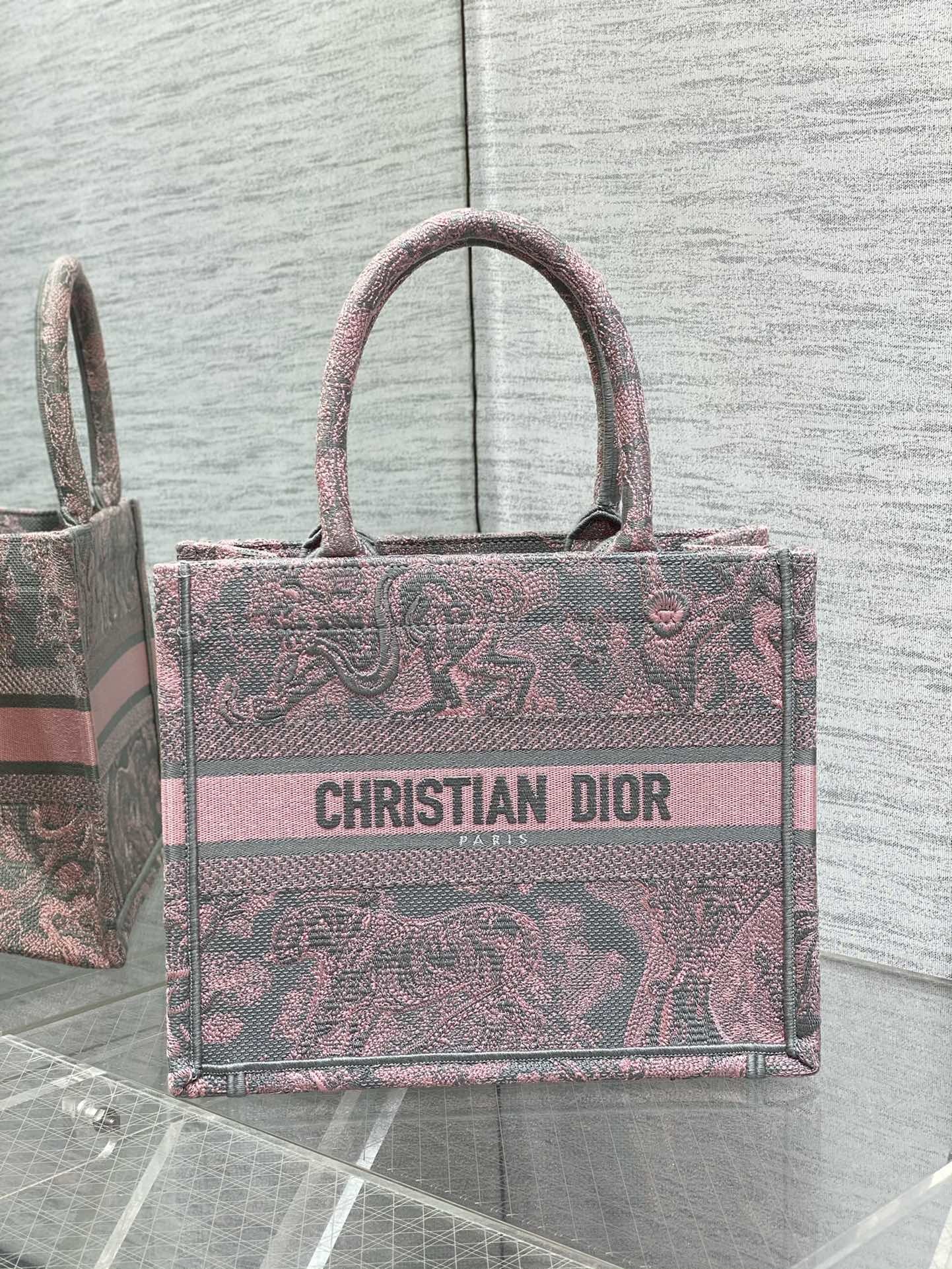 Small Christian Dior Booktote Pink And Gray Toile De Jouy Sauvage Embroidery