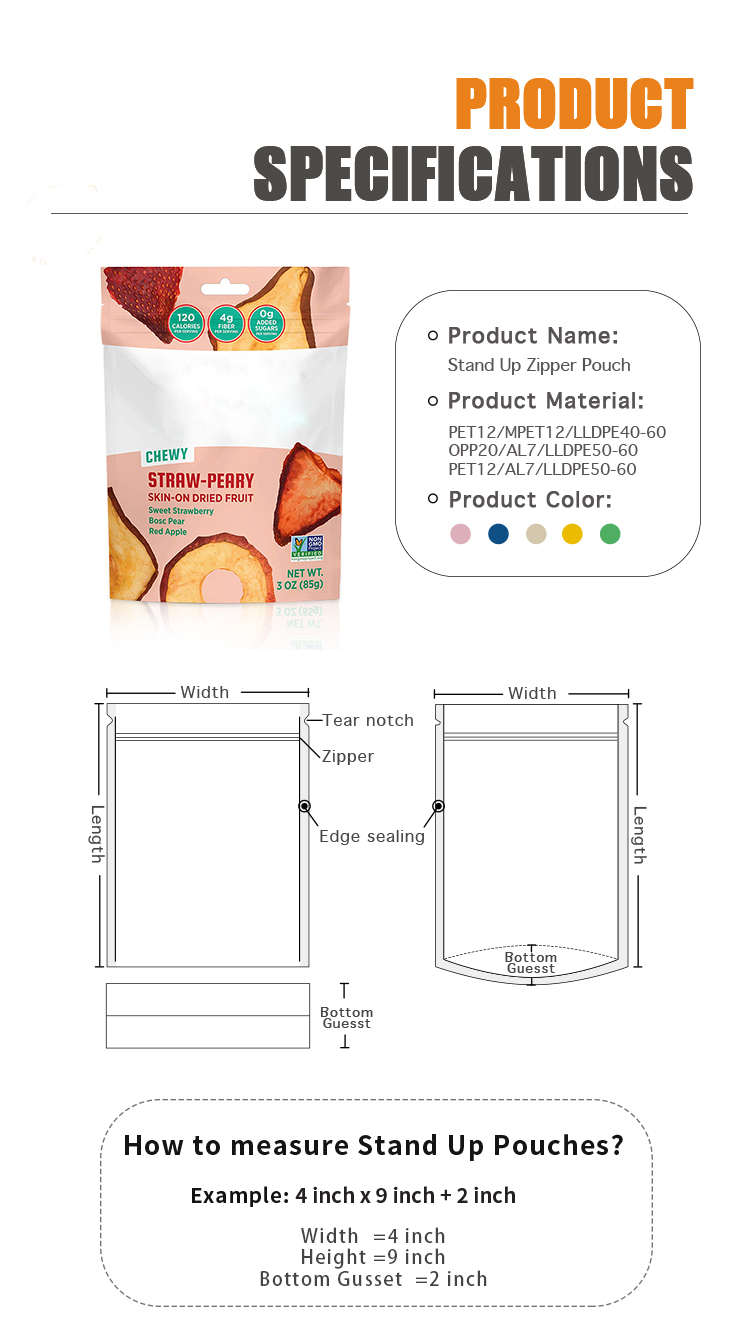 MOPP Bottom Gusseted Snack Packaging Bags Printed Standing Pouch With Zipper