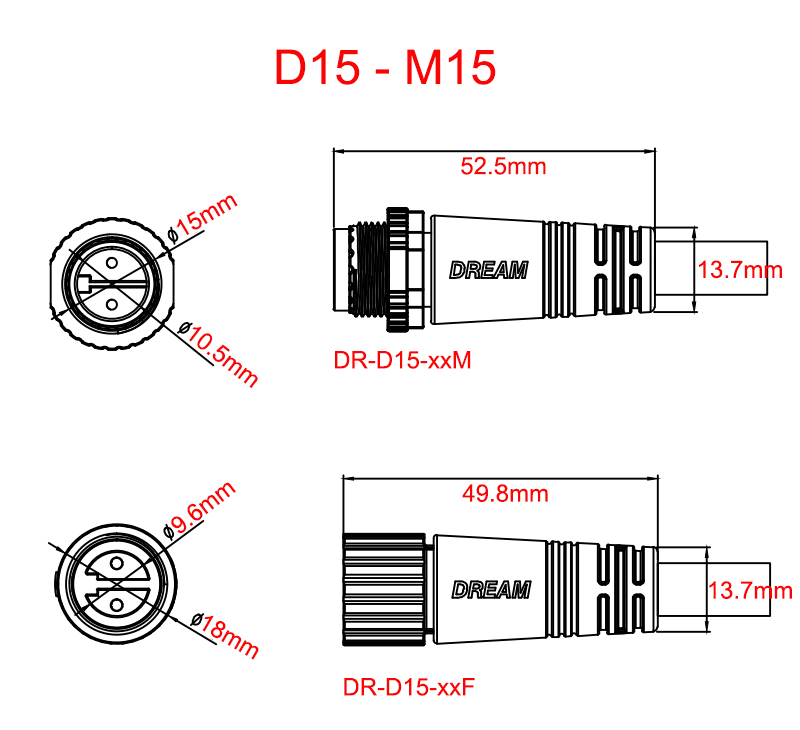 Male Pin Diameter 1.5mm Waterproof Connector for IP68 LED Lighting Outdoor Cable CE UL
