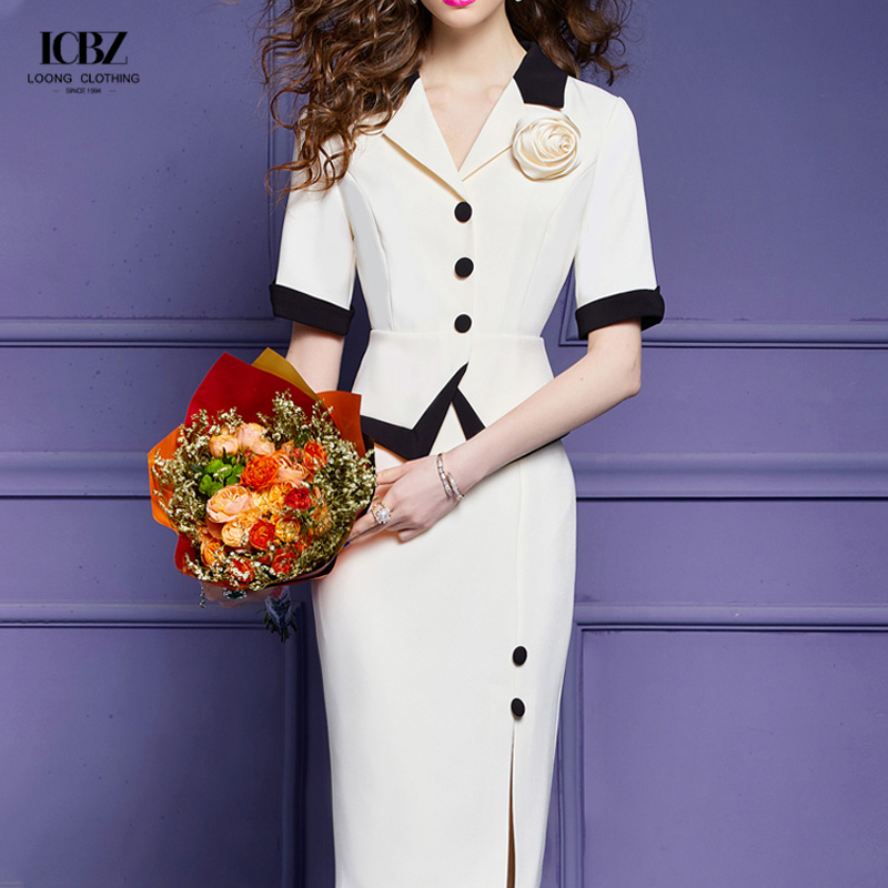 Women's Long Vintage Black and White Two-Piece Skirt Pant Coat Suit for Formal Office