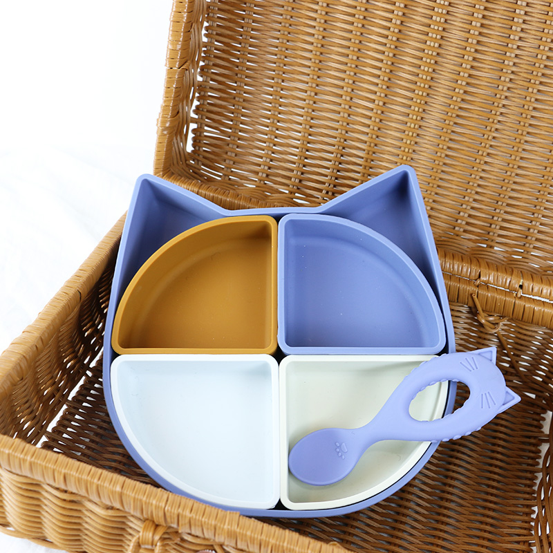 Cat Shape Silicone Tableware Set , Silicone Divided Cat Plate Cat shape spoon Non Toxic BPA Free