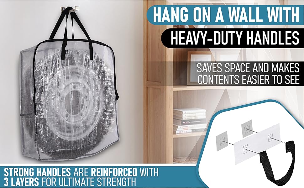 Tire inside an extra-large clear storage bag that is hanging on the way by its strong handles.