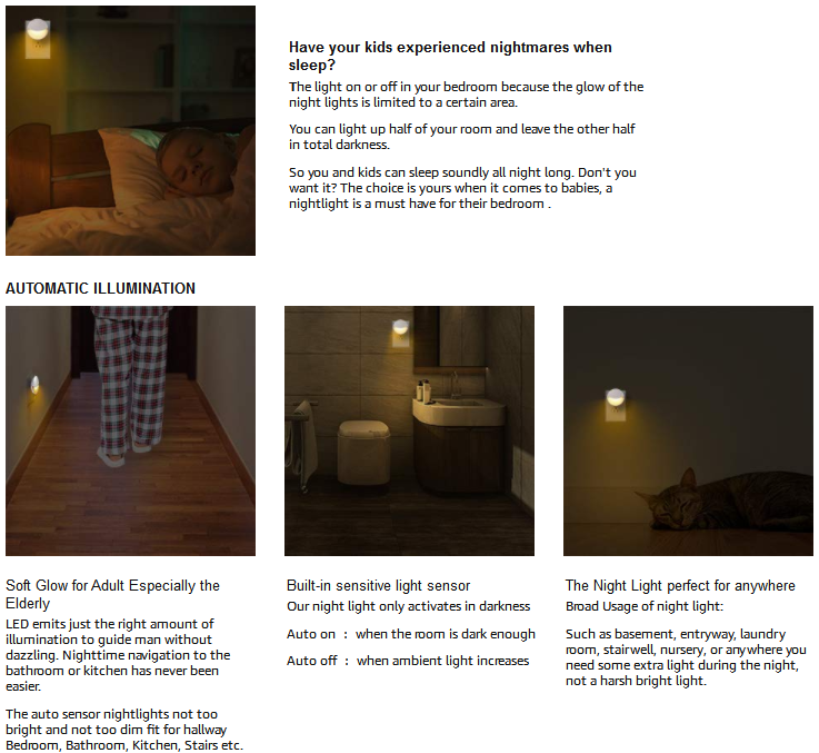 Plug-in LED Night Light Lamp Room with Auto Dusk to Dawn Sensor Electric 1-year EMC LVD