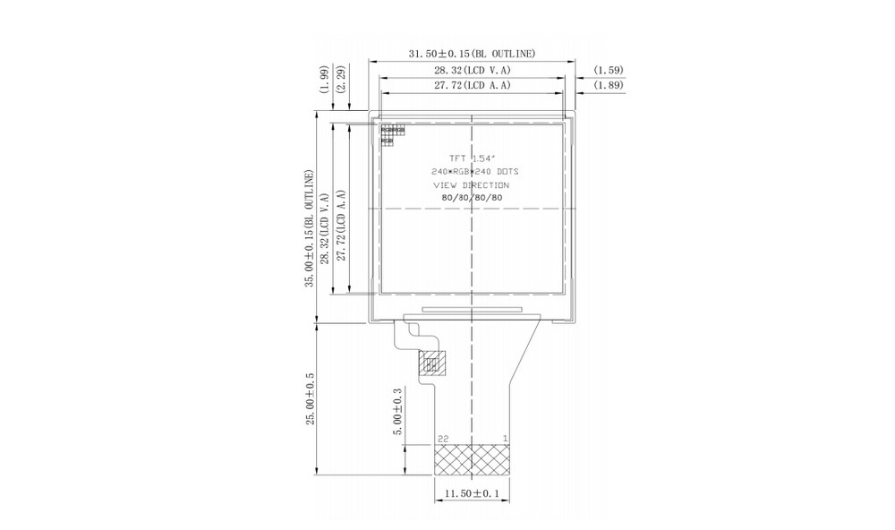 1.54inch Tiny LCD Screen 22pin Square IPS TFT All Viewing Angle