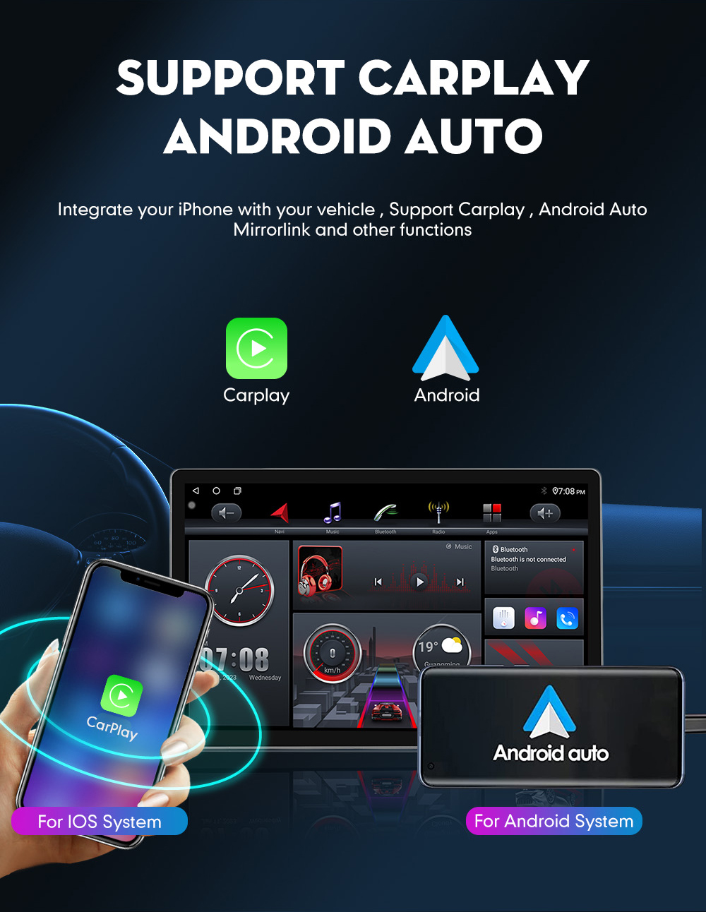 LCD Screen 13inch Car Radio 2 Din Android 4 64G Universal 360 Rotary Multimedia Player