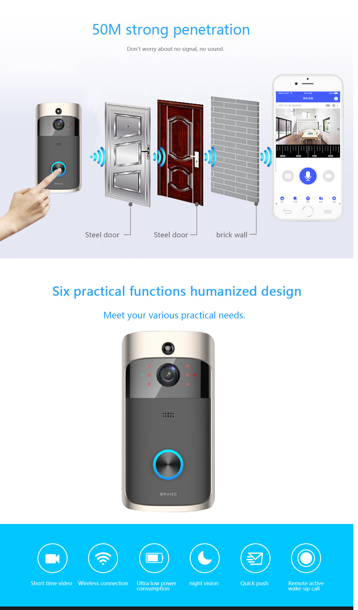 HFSecurity RD07 Wide Angel WIFI VIsua Real Time Two Way Audiol Door Bell