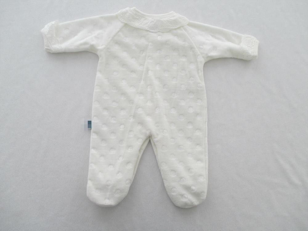 White Velour Baby Romper With Feet Embroidery Poplin Fabric Along Neckline Sleeve Cuff