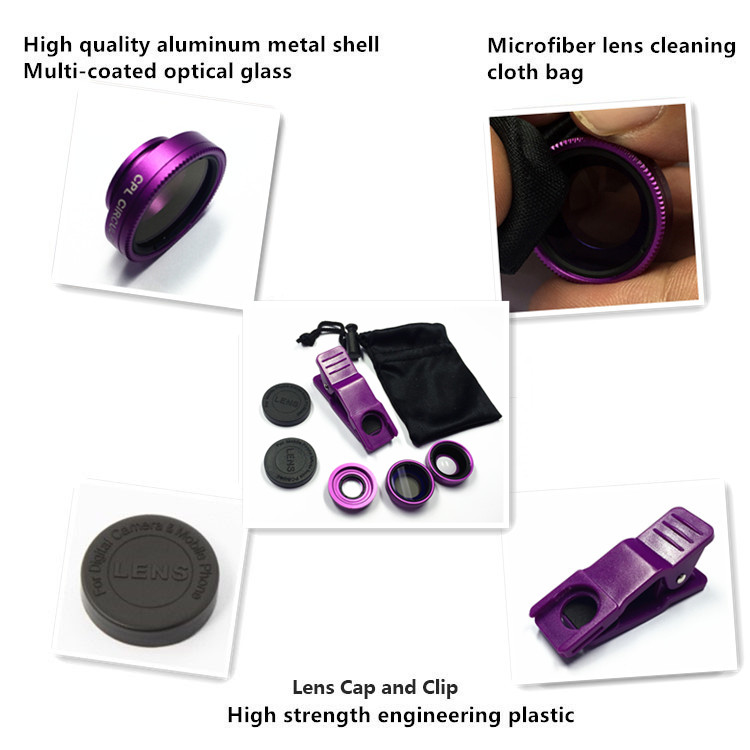 lens kit CPL 15x macro 0.65x wide angle universal clip 3 in 1 lens for mobile phone