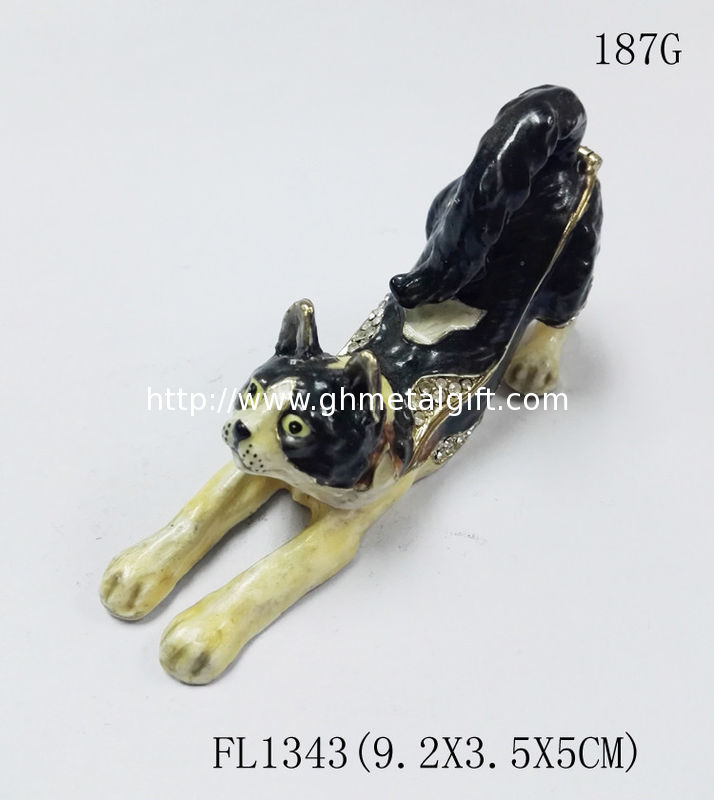Cat trinket jewelry box metal cat figure bejeweled box cat enamel trinket box