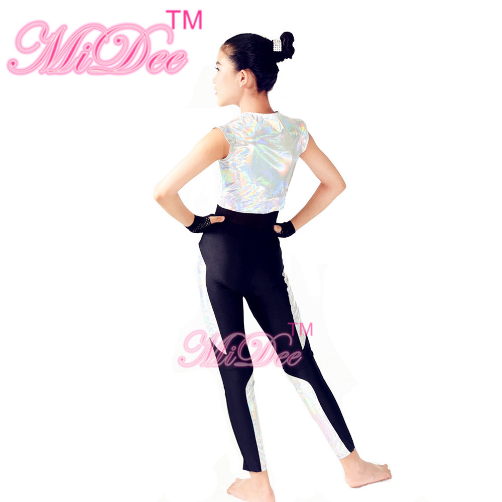 Sporty Hip Hop And Jazz Top Dance Costumes V Neckline Sparkle Zipper Vest Sports Leotard Competition Wear