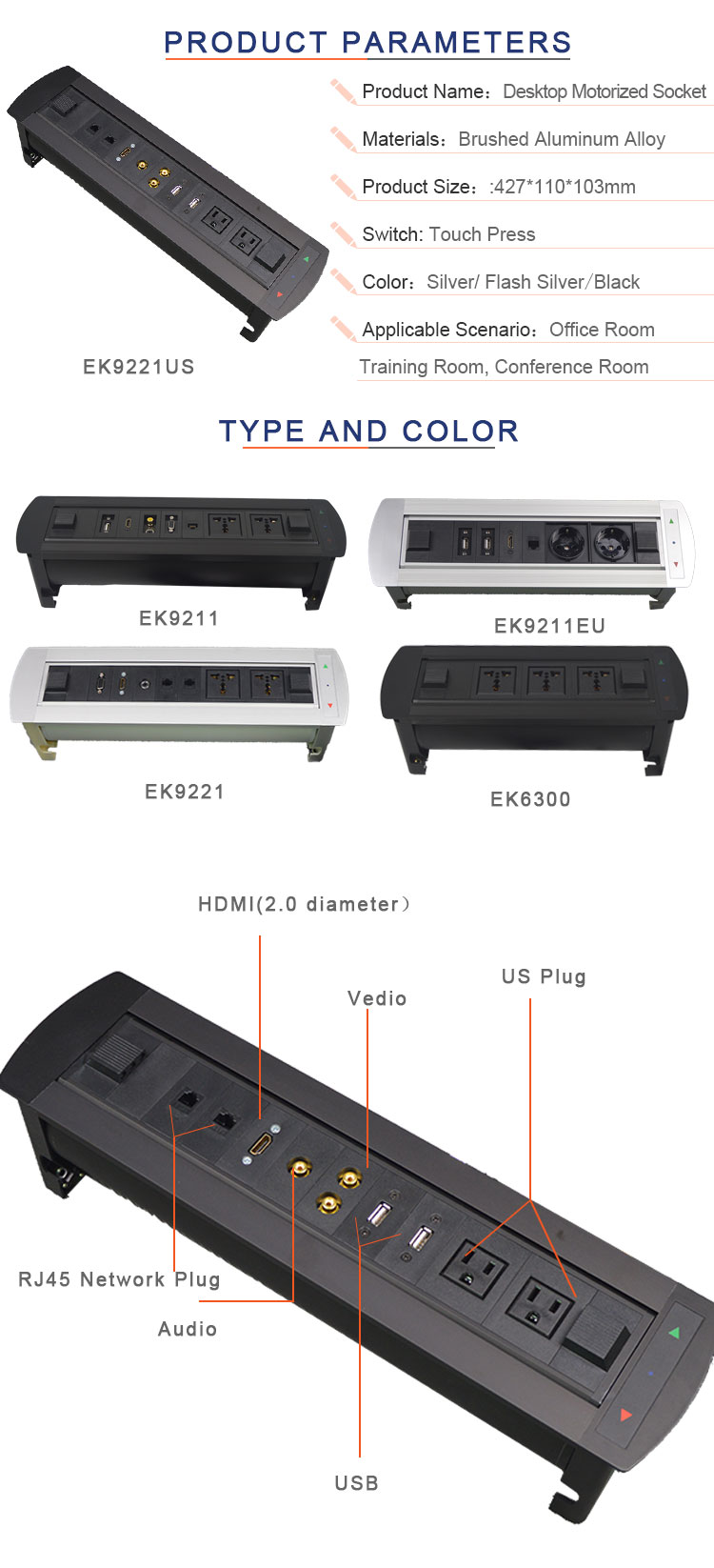 BNT black with video interface rotatable motorized table flip up outlet
