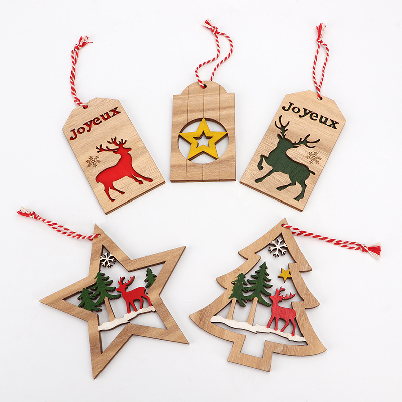 Christmas Ornaments Wood Tree Decorations Wooden Hanging Crafts Santa Claus Snowman Ornaments Gift Tags Decor, Red & Green