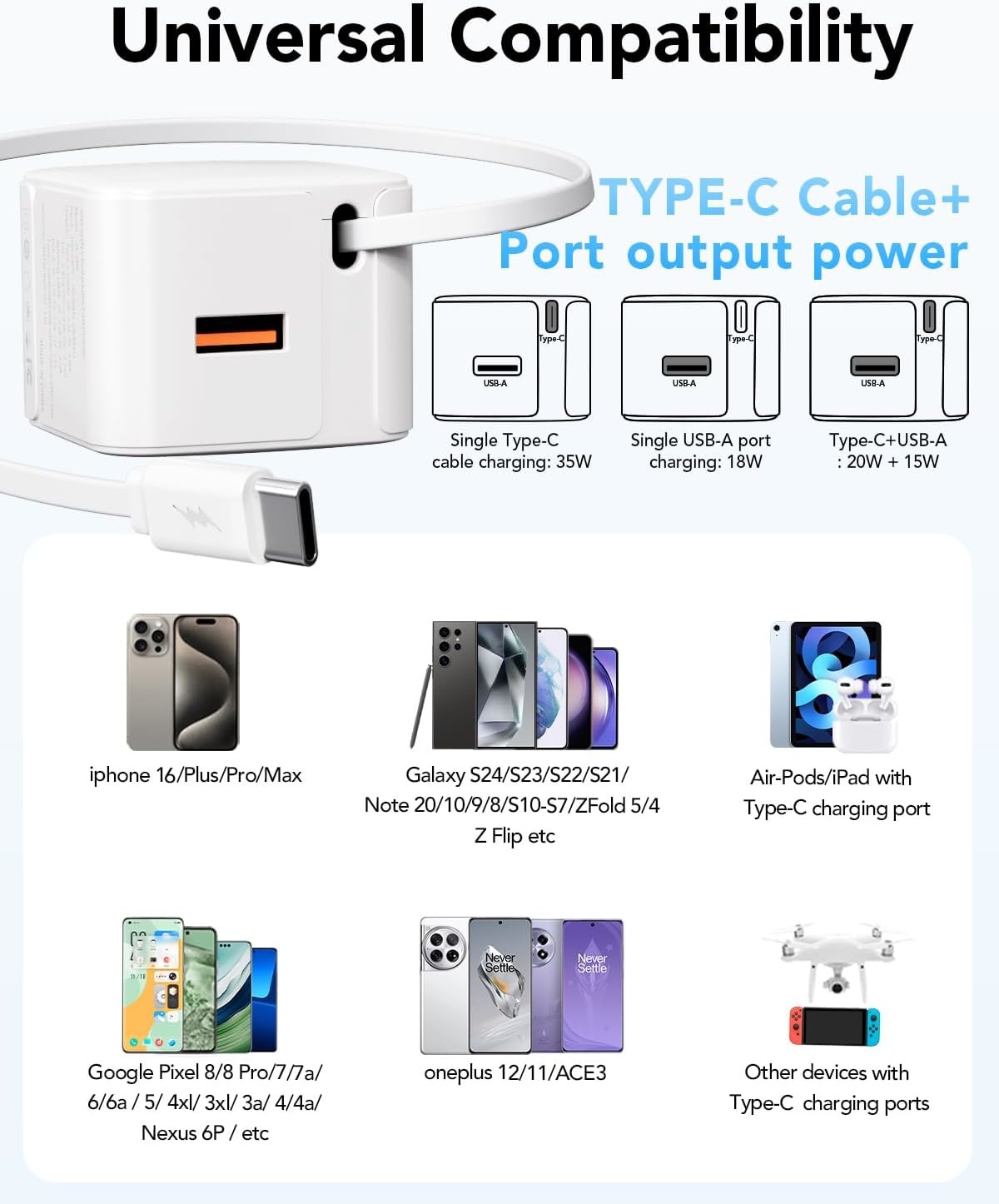 2in1 Phone Wall Adapter Charger 35W 8Pin Ports With Retractable Cables