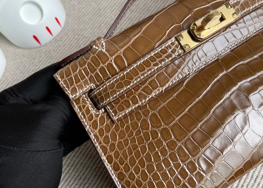 22cm Crocodile Leather Handbags , Tobacco Leather Square Bag