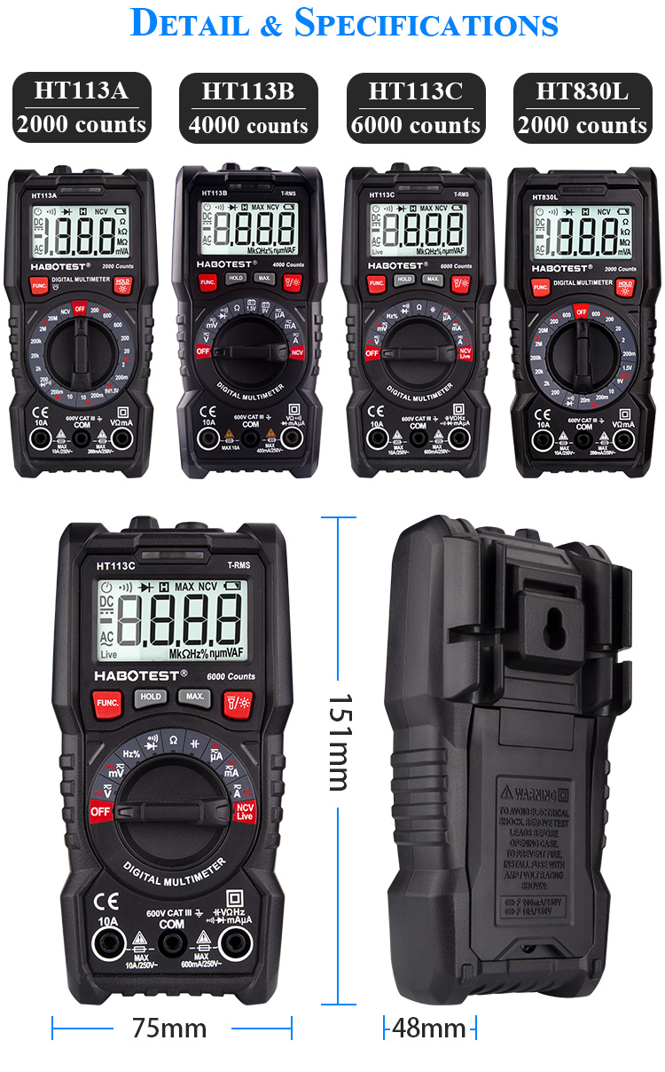 Habotest HT113A Handheld AC DC Digital Multimeter Professional Voltmeter LCD Display 2000 counts with CE