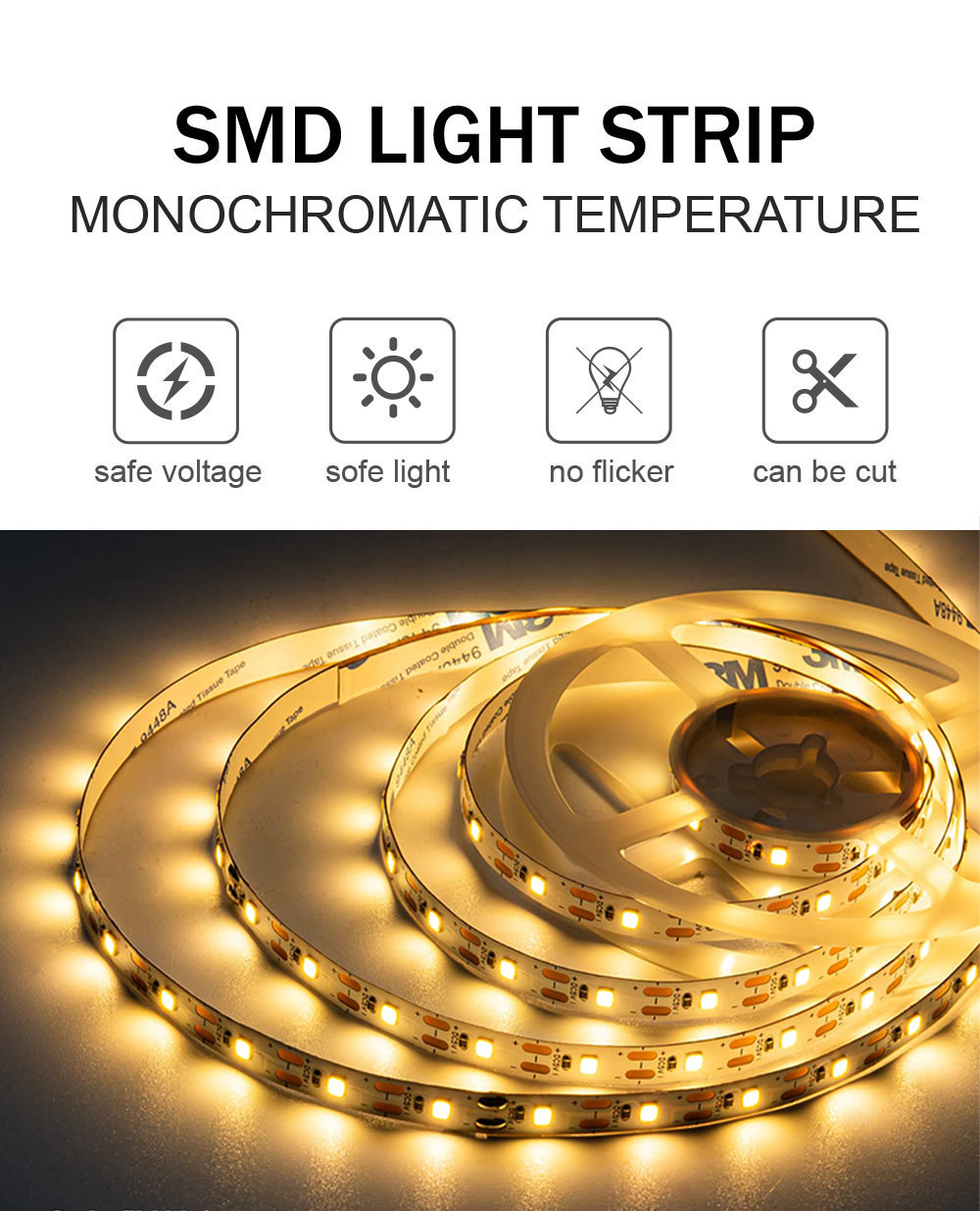 DC 24V 5V 120LEDs 8mm 6500K White High Brightness Flexible Electroplate SMD2835 LED Strip Light