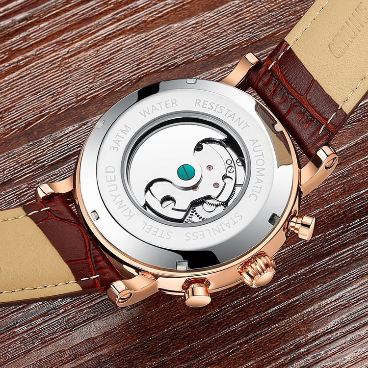 KINYUED New Silver Case Moon Phase Clock Movement Genuine Crocodile Watch Strap Water Resistant Watch