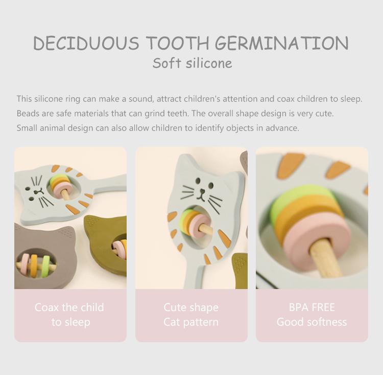 Kitty Shape Food Grade Silicone Rattle Teether For Baby Toddler