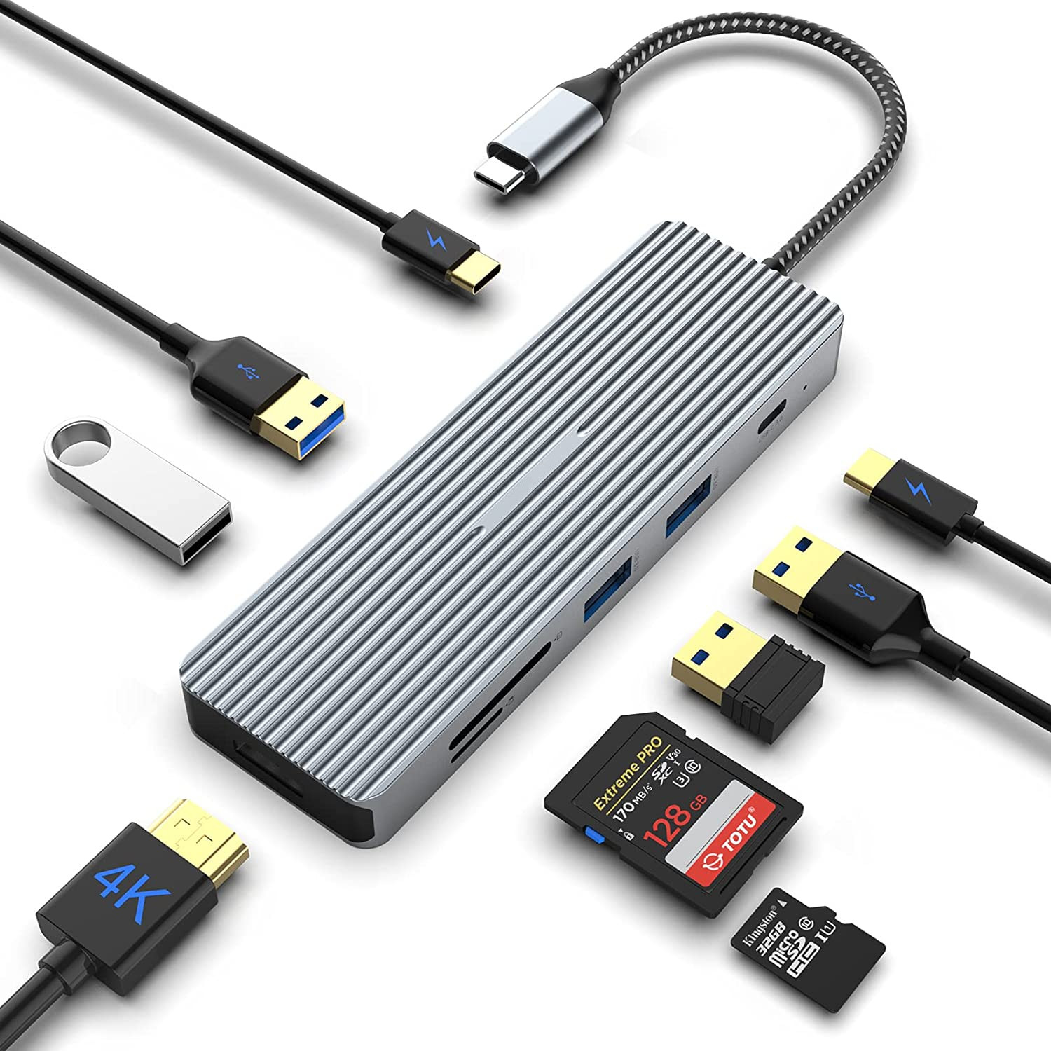 USB 3.1 Type C to 9 Ports USB3.0 Hub with Gigabit Ethernet RJ45 Lan Port Adapter Gray